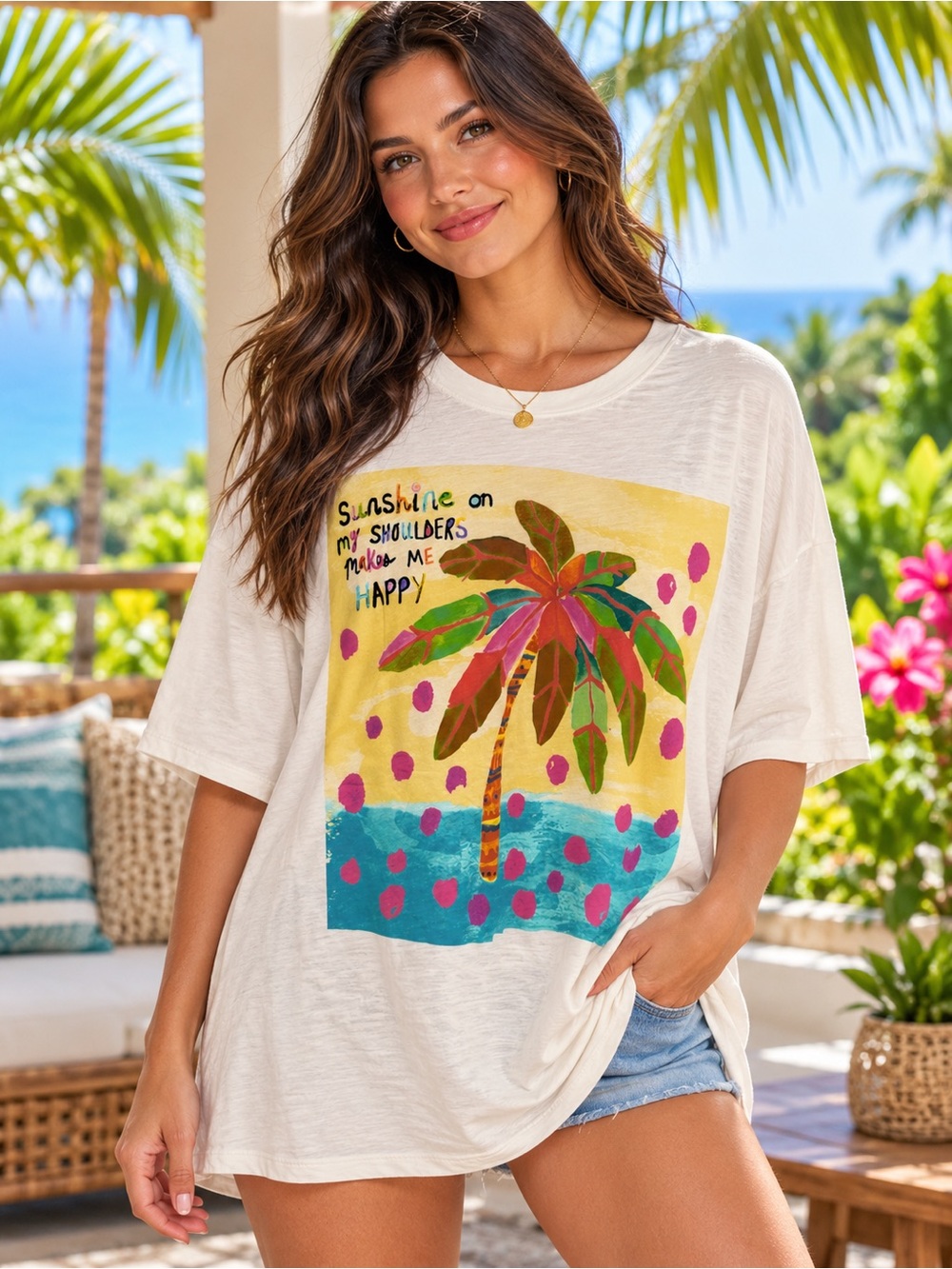 NATURAL LIFE One Size Palm Tree Graphic Tee with Bright Multicolor Print